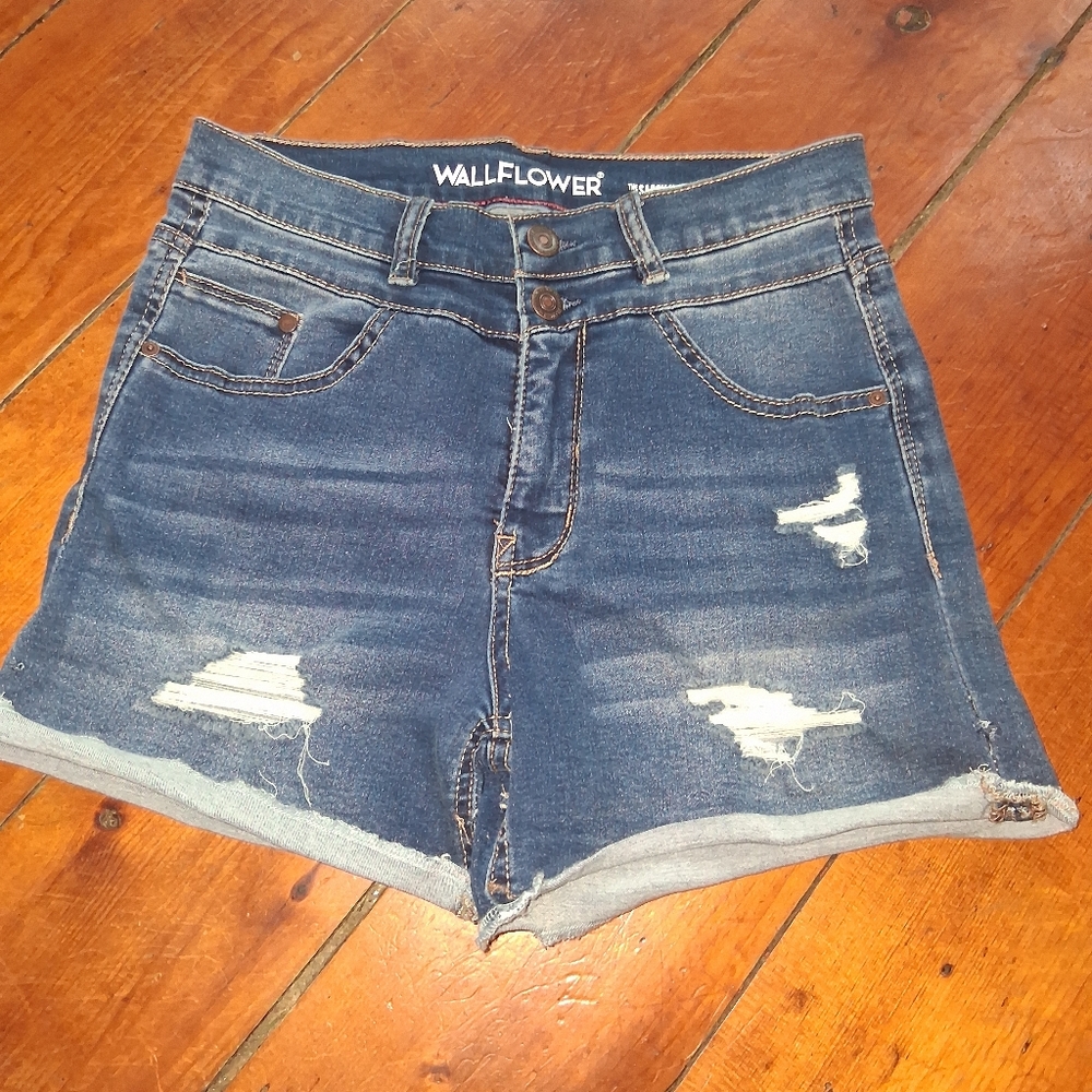 Wallflower Dark Blue Distressed High-Rise Jean Shorts
